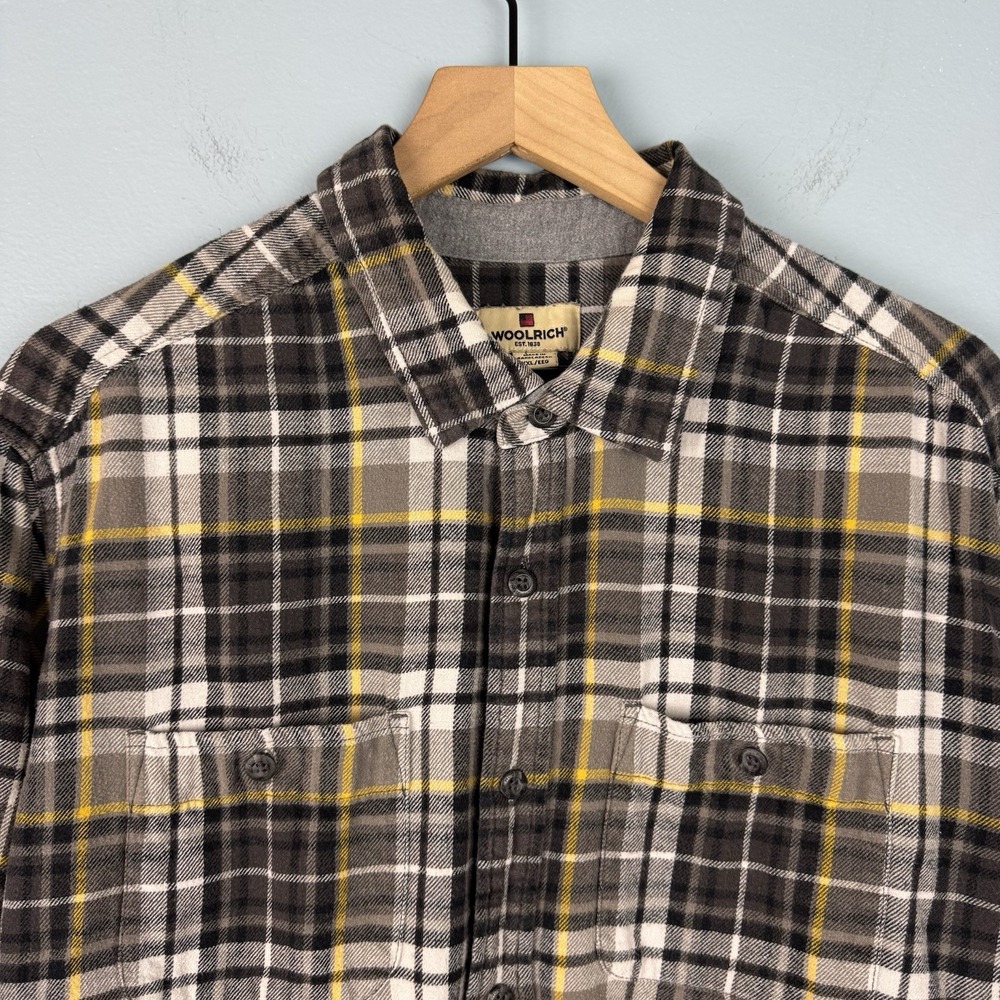 Woolrich Mens XXL Gray Yellow Plaid Flannel Button Up Casual Long Sleeve Shirt
